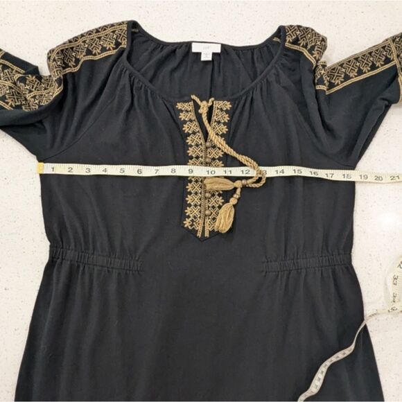 J.Jill Cotton Modal Black Shift Dress 3/4 Bell Sleeve Embroidery Boho Tassels M - Picture 4 of 10